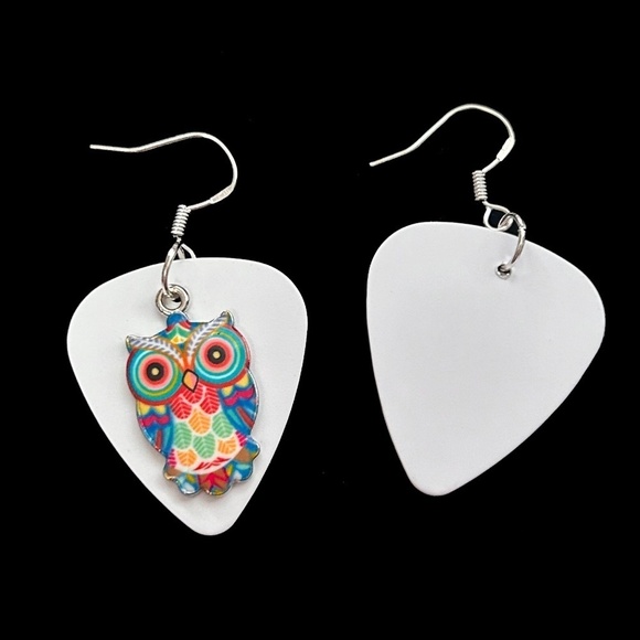 Handcrafted Earrings Repurposed Guitar Picks Wise is the Owl Silver Plate Wires - Picture 5 of 10